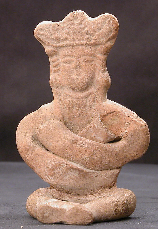 Figurine of a Seated Personage with Folded Arms and Elaborate Headdress, Earthenware; unglazed