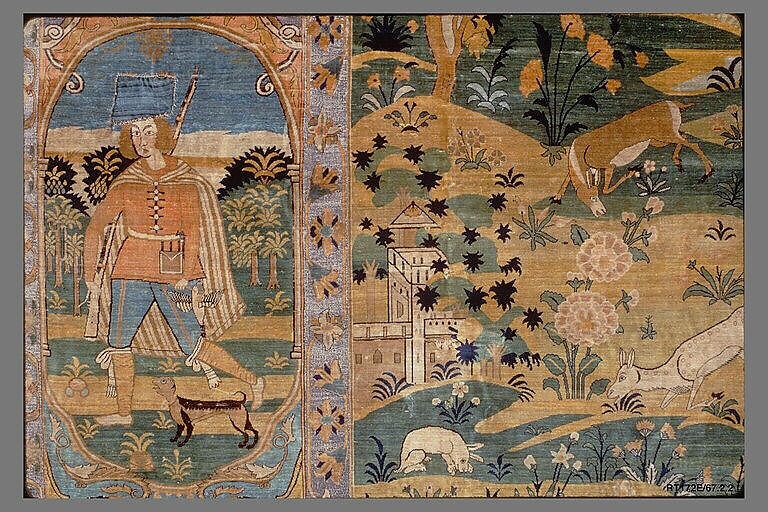 Pictorial Carpet, Silk (warp, weft, and pile), metal wrapped thread; asymmetrically knotted pile, brocaded