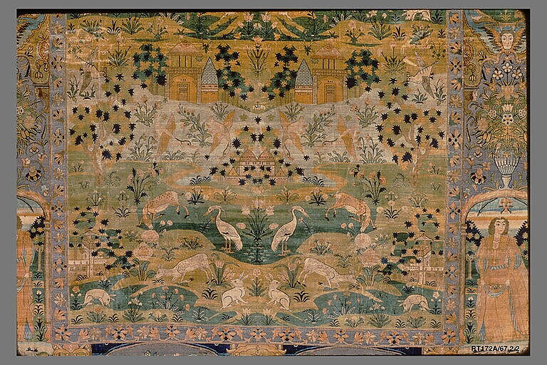 Pictorial Carpet, Silk (warp, weft, and pile), metal wrapped thread; asymmetrically knotted pile, brocaded