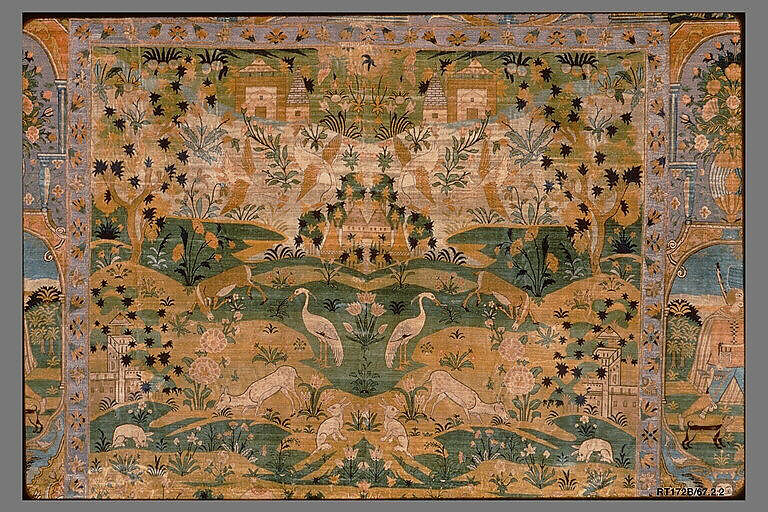 Pictorial Carpet, Silk (warp, weft, and pile), metal wrapped thread; asymmetrically knotted pile, brocaded