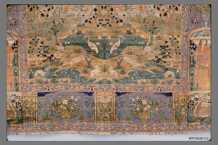 Pictorial Carpet, Silk (warp, weft, and pile), metal wrapped thread; asymmetrically knotted pile, brocaded