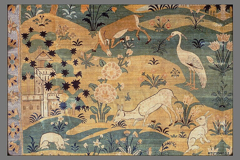 Pictorial Carpet, Silk (warp, weft, and pile), metal wrapped thread; asymmetrically knotted pile, brocaded