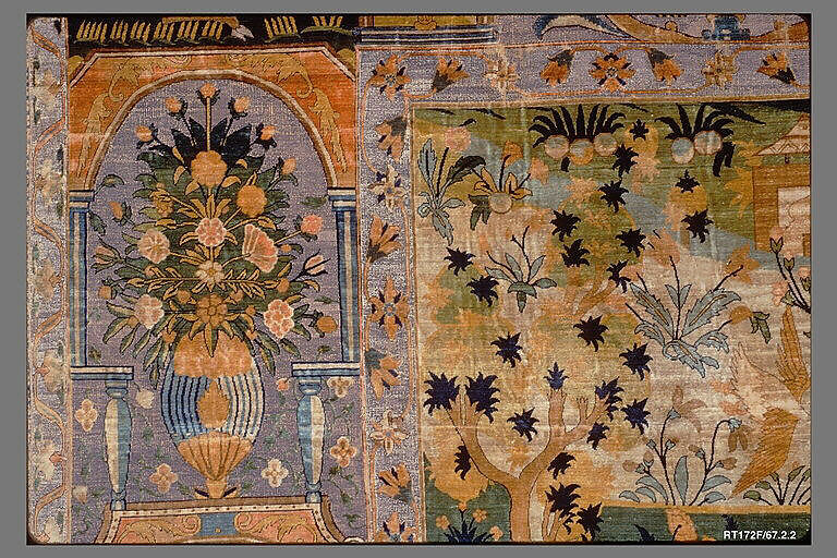 Pictorial Carpet, Silk (warp, weft, and pile), metal wrapped thread; asymmetrically knotted pile, brocaded