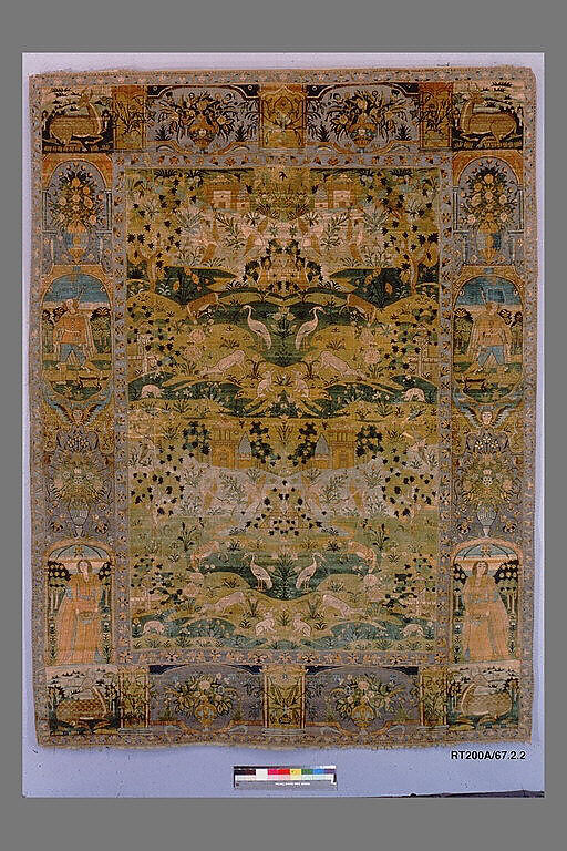 Pictorial Carpet, Silk (warp, weft, and pile), metal wrapped thread; asymmetrically knotted pile, brocaded