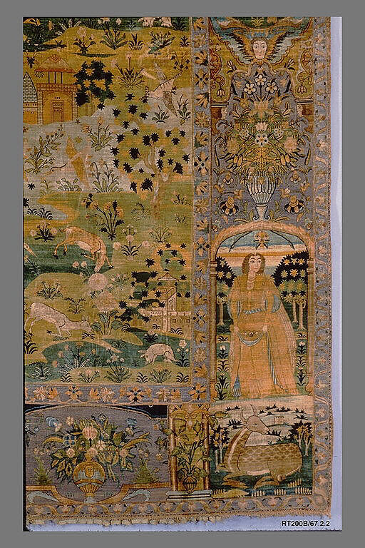 Pictorial Carpet, Silk (warp, weft, and pile), metal wrapped thread; asymmetrically knotted pile, brocaded