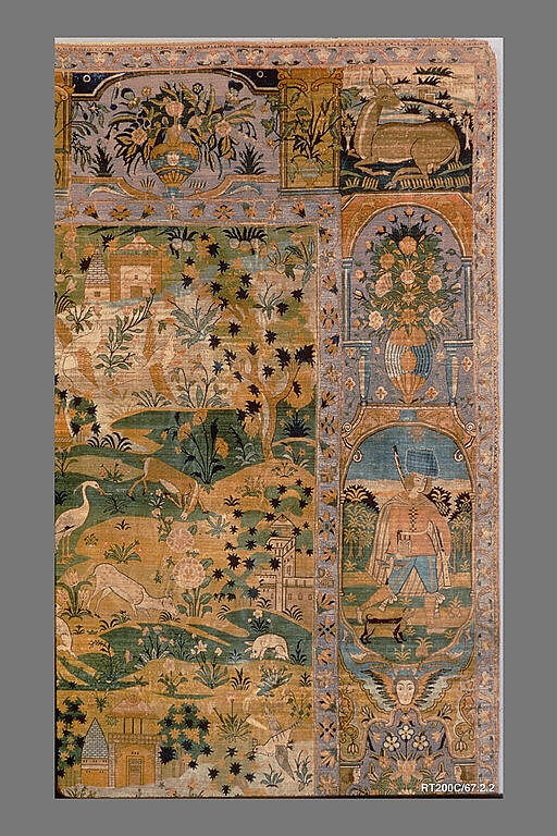 Pictorial Carpet, Silk (warp, weft, and pile), metal wrapped thread; asymmetrically knotted pile, brocaded