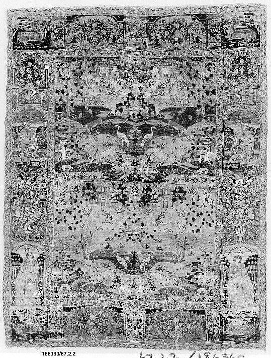 Pictorial Carpet, Silk (warp, weft, and pile), metal wrapped thread; asymmetrically knotted pile, brocaded