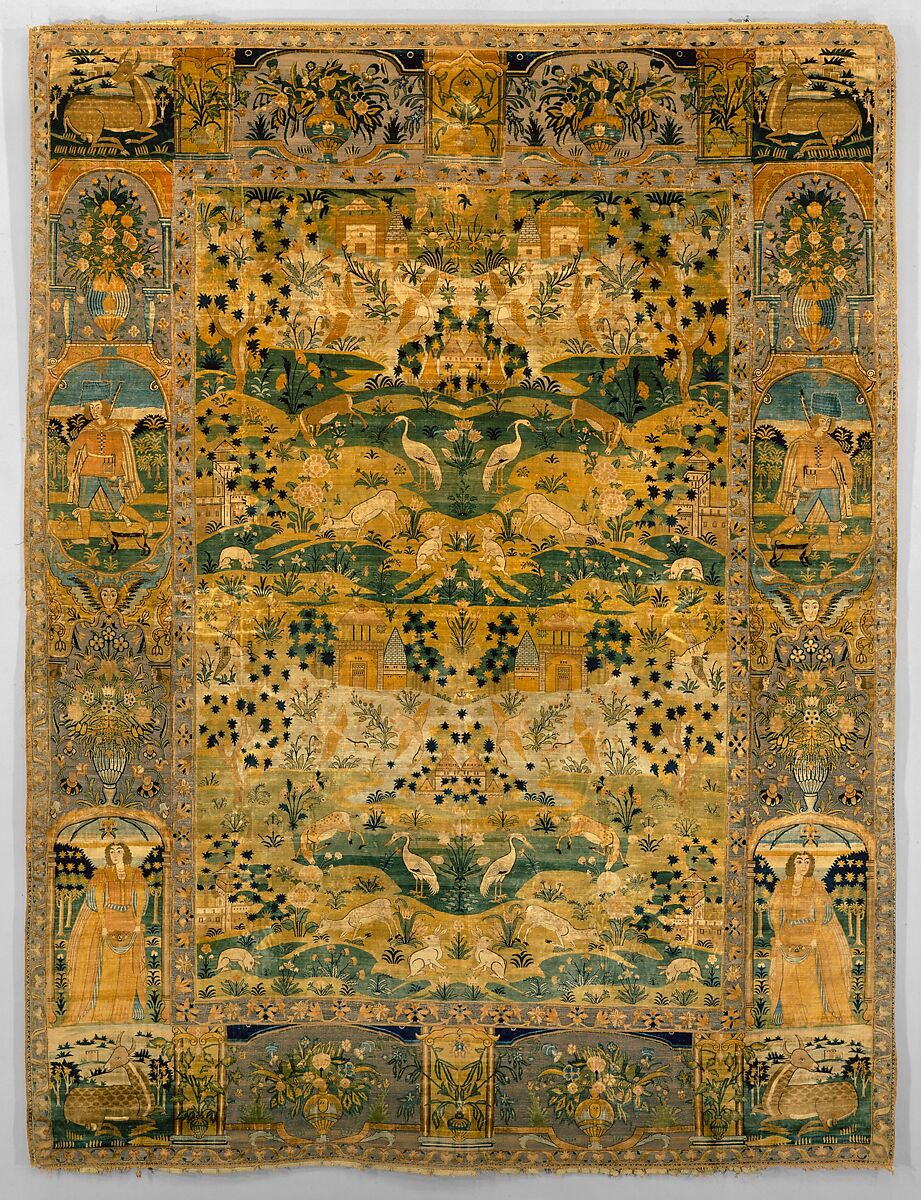 Pictorial Carpet, Silk (warp, weft, and pile), metal wrapped thread; asymmetrically knotted pile, brocaded