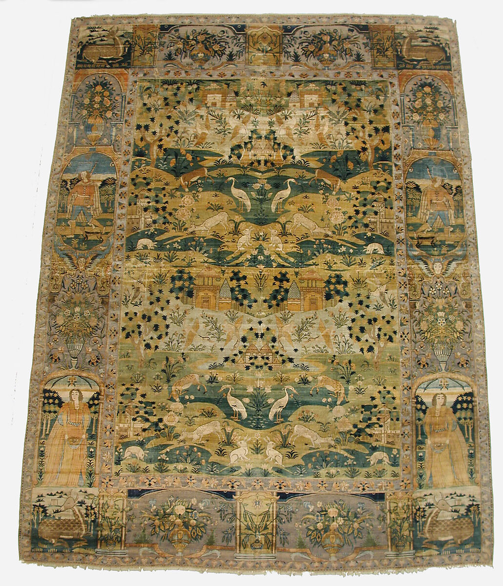 Pictorial Carpet, Silk (warp, weft, and pile), metal wrapped thread; asymmetrically knotted pile, brocaded