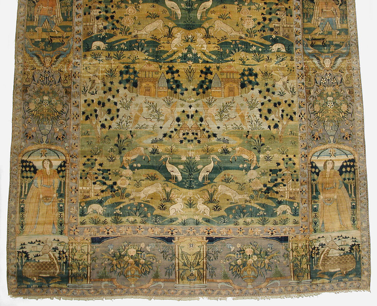 Pictorial Carpet, Silk (warp, weft, and pile), metal wrapped thread; asymmetrically knotted pile, brocaded