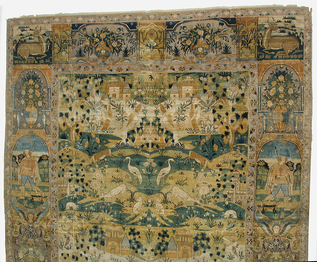 Pictorial Carpet, Silk (warp, weft, and pile), metal wrapped thread; asymmetrically knotted pile, brocaded