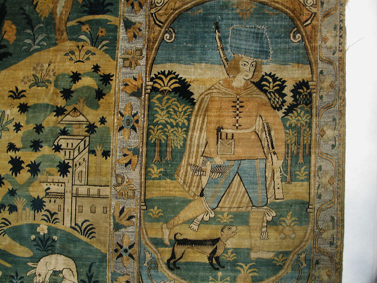 Pictorial Carpet, Silk (warp, weft, and pile), metal wrapped thread; asymmetrically knotted pile, brocaded