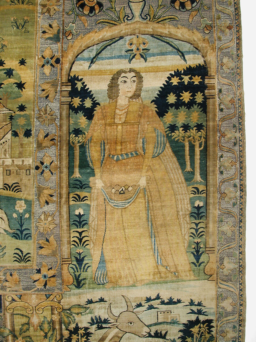 Pictorial Carpet, Silk (warp, weft, and pile), metal wrapped thread; asymmetrically knotted pile, brocaded