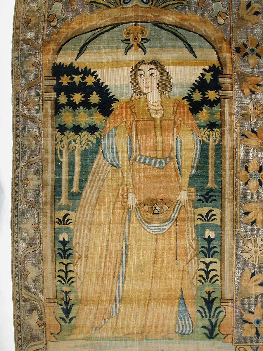 Pictorial Carpet, Silk (warp, weft, and pile), metal wrapped thread; asymmetrically knotted pile, brocaded