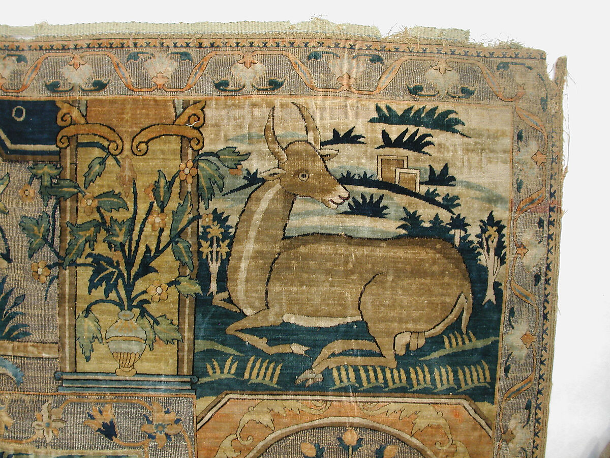 Pictorial Carpet, Silk (warp, weft, and pile), metal wrapped thread; asymmetrically knotted pile, brocaded