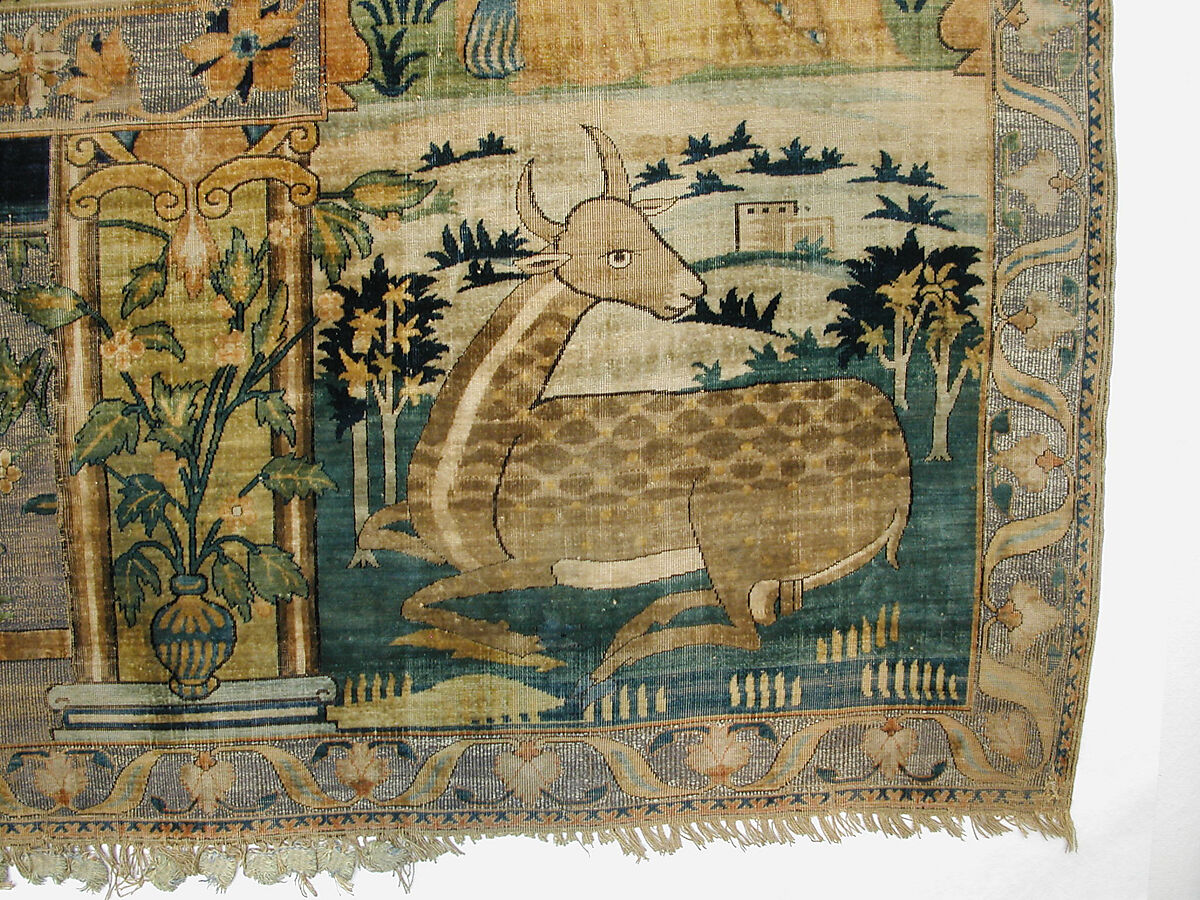 Pictorial Carpet, Silk (warp, weft, and pile), metal wrapped thread; asymmetrically knotted pile, brocaded