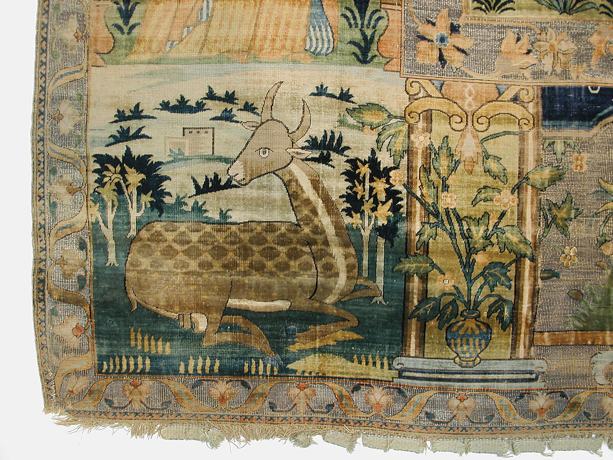 Pictorial Carpet, Silk (warp, weft, and pile), metal wrapped thread; asymmetrically knotted pile, brocaded