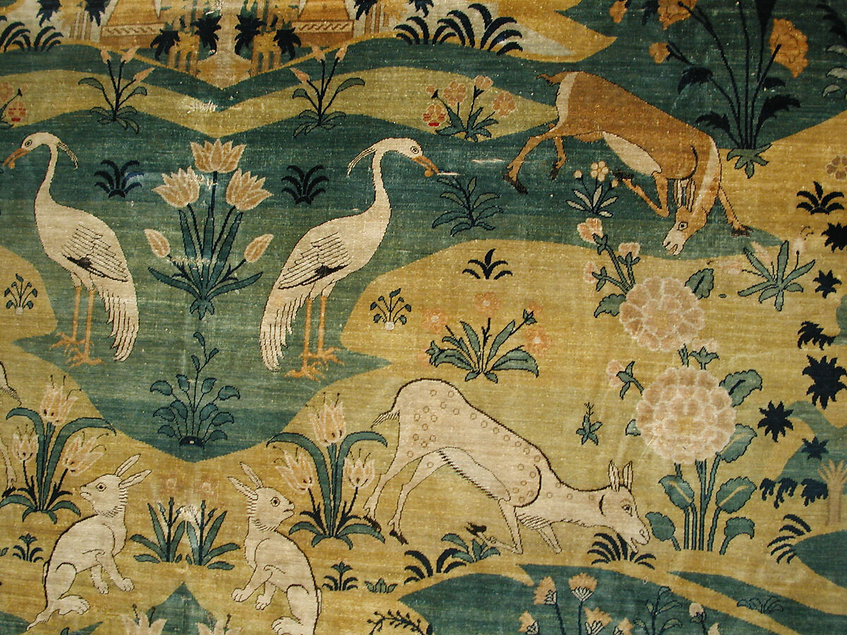 Pictorial Carpet, Silk (warp, weft, and pile), metal wrapped thread; asymmetrically knotted pile, brocaded