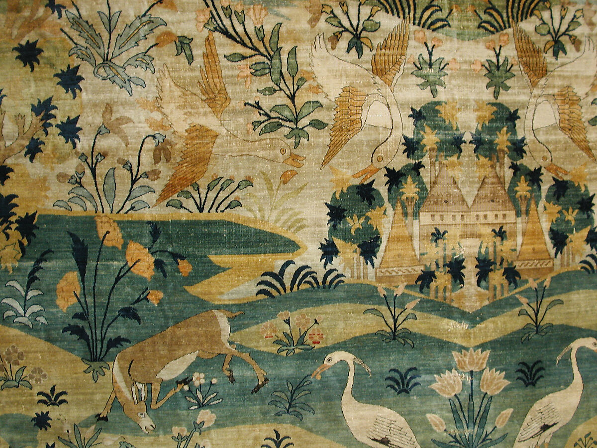 Pictorial Carpet, Silk (warp, weft, and pile), metal wrapped thread; asymmetrically knotted pile, brocaded