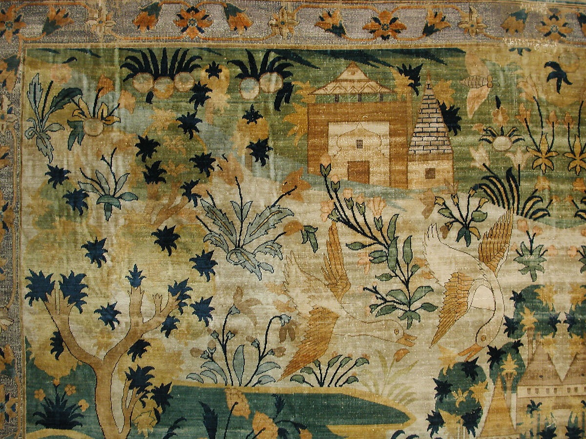 Pictorial Carpet, Silk (warp, weft, and pile), metal wrapped thread; asymmetrically knotted pile, brocaded