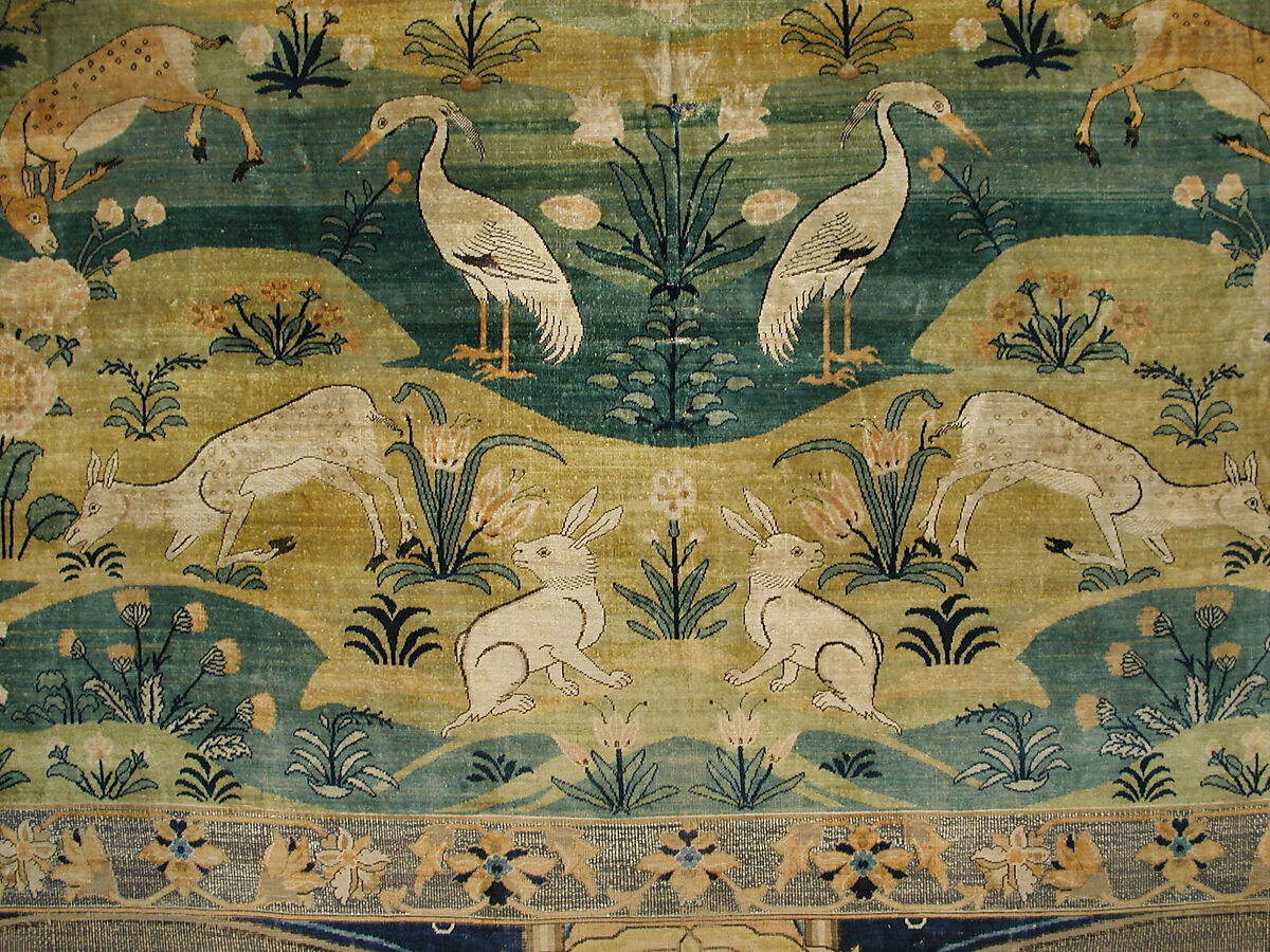 Pictorial Carpet, Silk (warp, weft, and pile), metal wrapped thread; asymmetrically knotted pile, brocaded