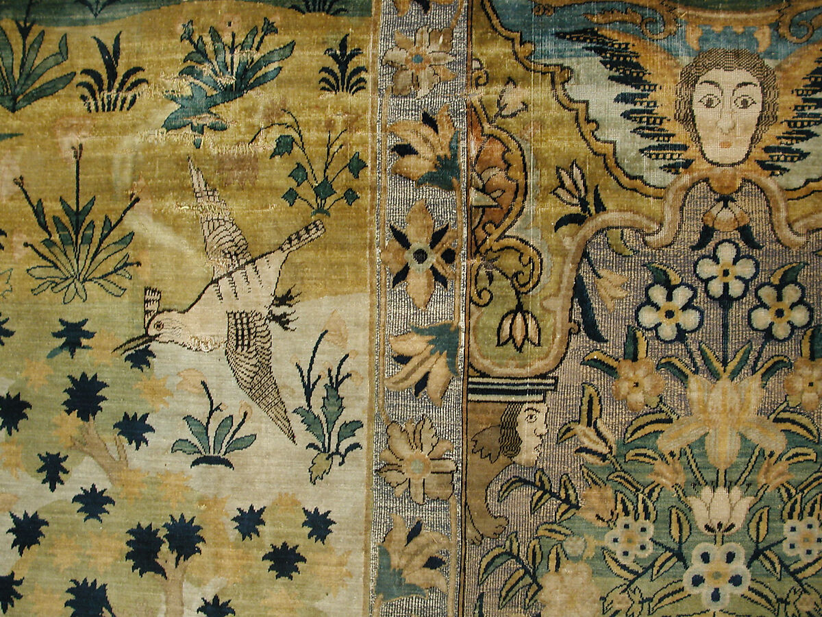 Pictorial Carpet, Silk (warp, weft, and pile), metal wrapped thread; asymmetrically knotted pile, brocaded