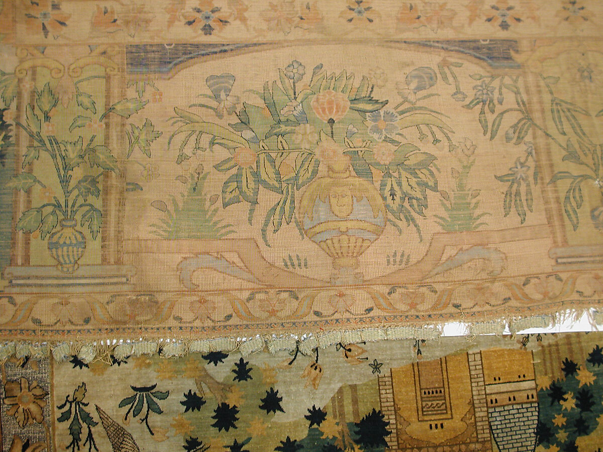 Pictorial Carpet, Silk (warp, weft, and pile), metal wrapped thread; asymmetrically knotted pile, brocaded