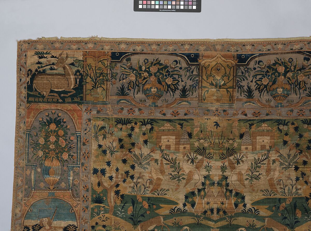 Pictorial Carpet, Silk (warp, weft, and pile), metal wrapped thread; asymmetrically knotted pile, brocaded