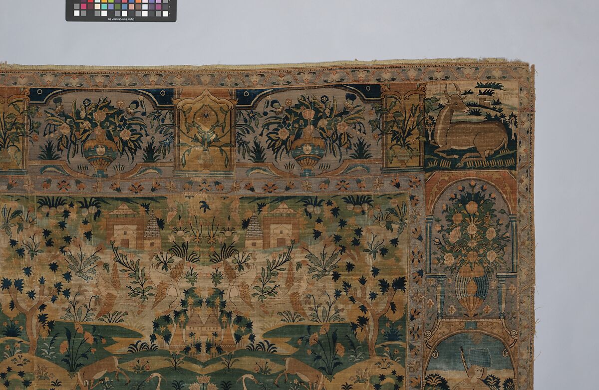 Pictorial Carpet, Silk (warp, weft, and pile), metal wrapped thread; asymmetrically knotted pile, brocaded