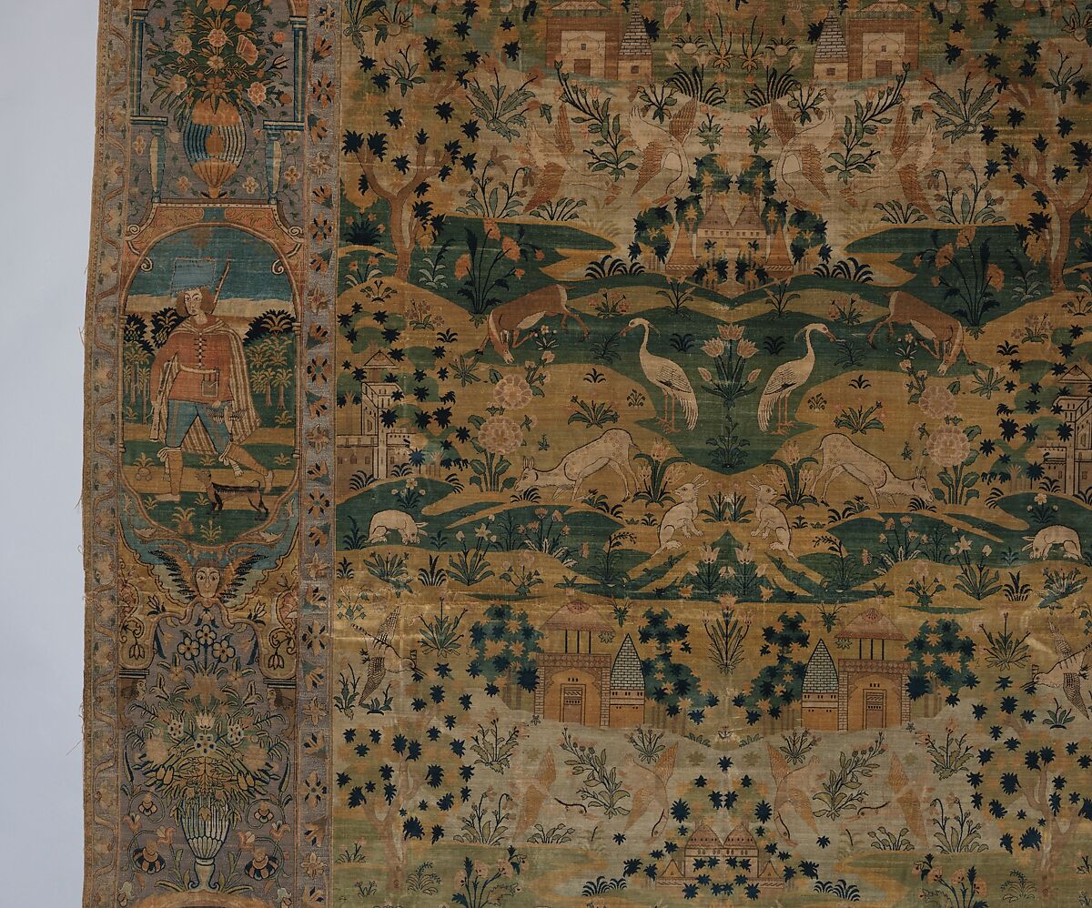 Pictorial Carpet, Silk (warp, weft, and pile), metal wrapped thread; asymmetrically knotted pile, brocaded