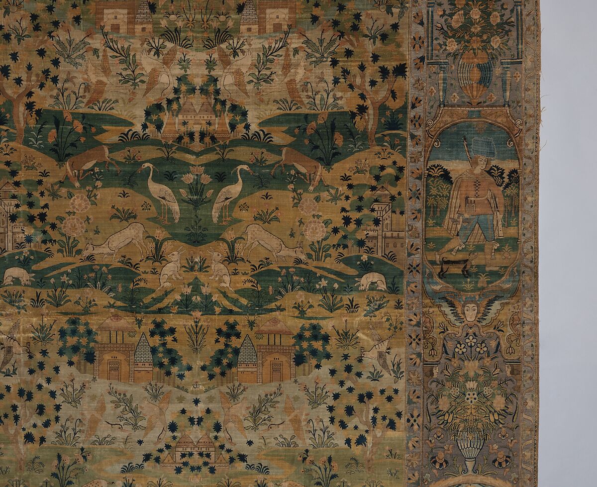 Pictorial Carpet, Silk (warp, weft, and pile), metal wrapped thread; asymmetrically knotted pile, brocaded