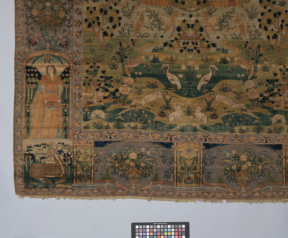 Pictorial Carpet, Silk (warp, weft, and pile), metal wrapped thread; asymmetrically knotted pile, brocaded