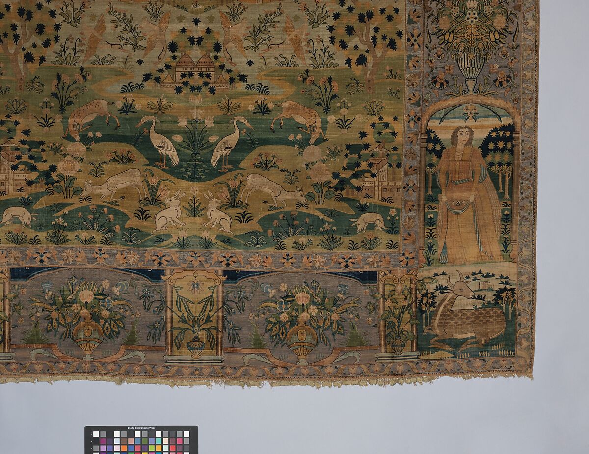 Pictorial Carpet, Silk (warp, weft, and pile), metal wrapped thread; asymmetrically knotted pile, brocaded