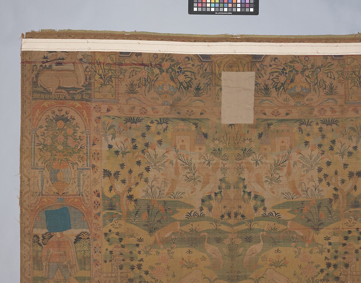 Pictorial Carpet, Silk (warp, weft, and pile), metal wrapped thread; asymmetrically knotted pile, brocaded