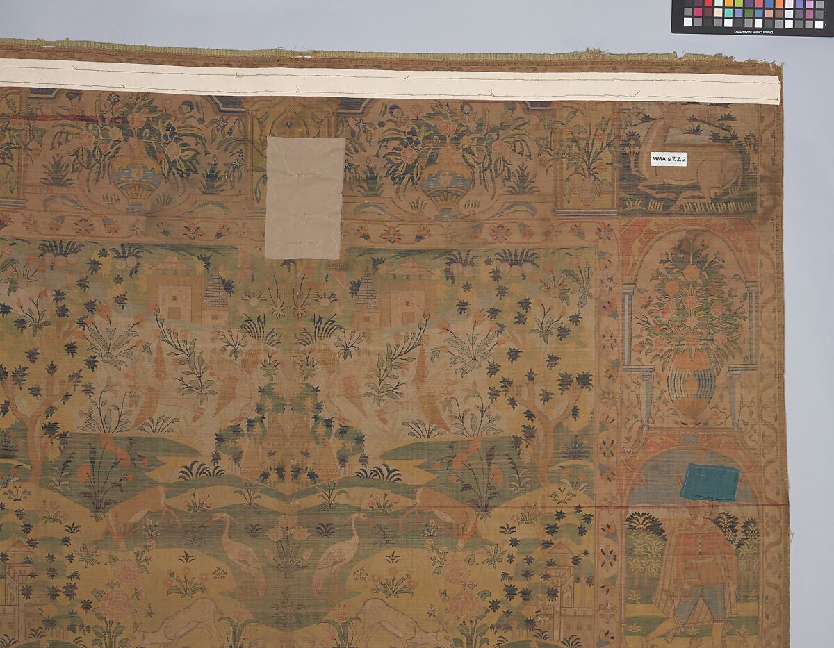 Pictorial Carpet, Silk (warp, weft, and pile), metal wrapped thread; asymmetrically knotted pile, brocaded