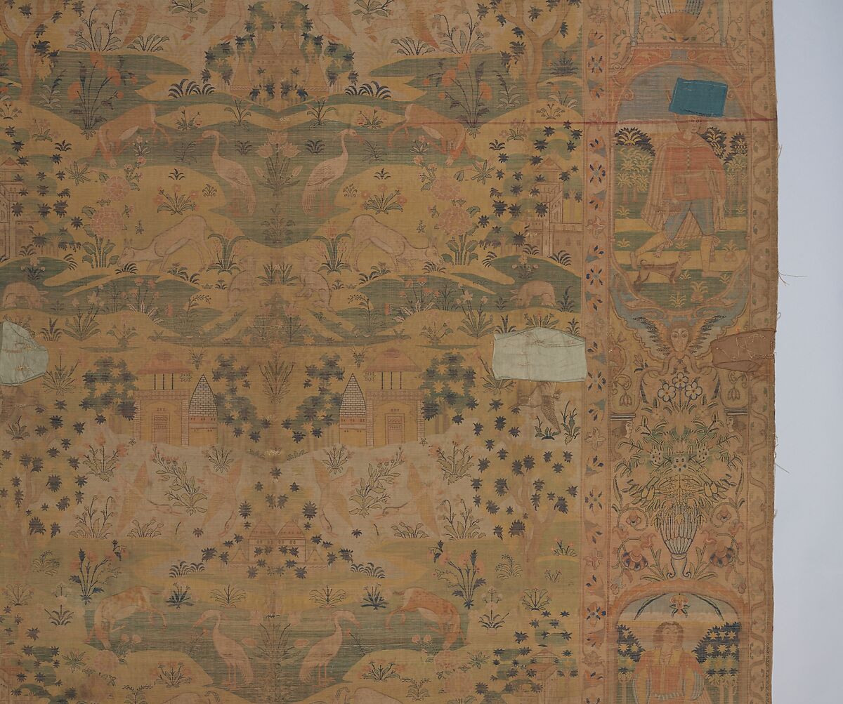 Pictorial Carpet, Silk (warp, weft, and pile), metal wrapped thread; asymmetrically knotted pile, brocaded