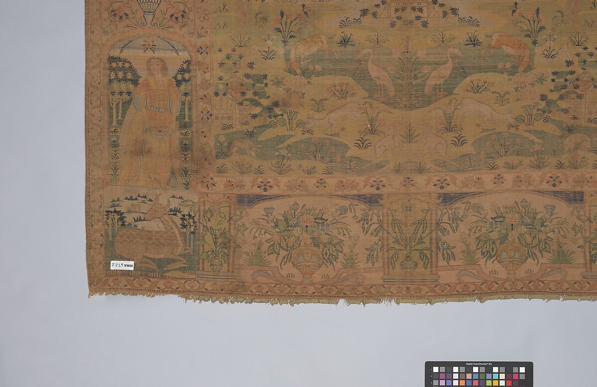 Pictorial Carpet, Silk (warp, weft, and pile), metal wrapped thread; asymmetrically knotted pile, brocaded