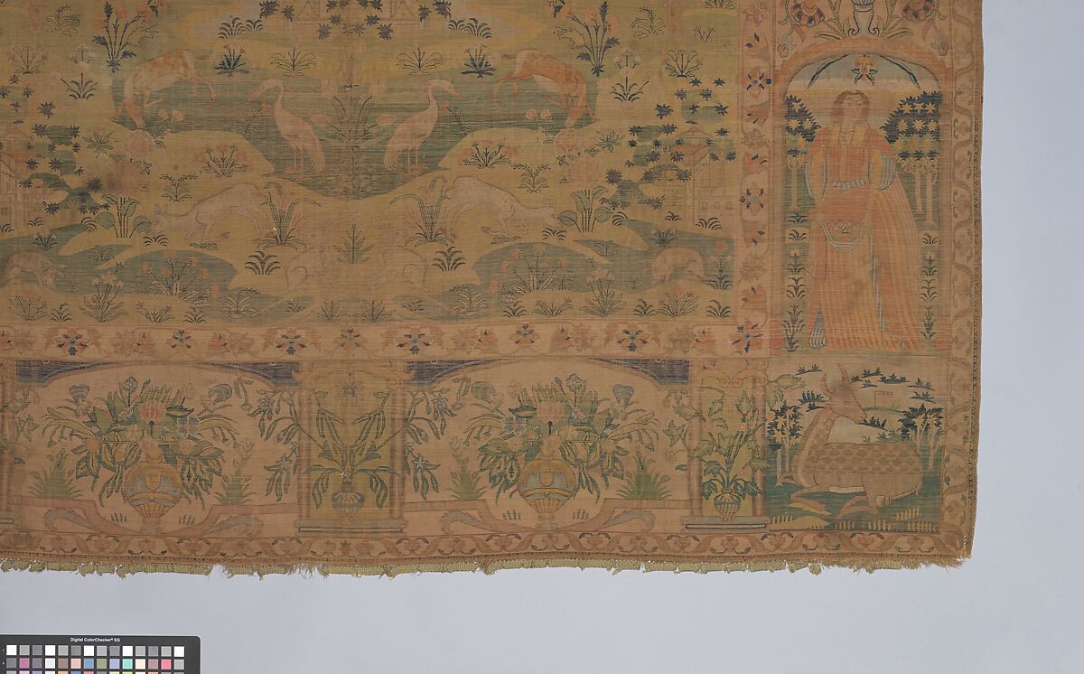 Pictorial Carpet, Silk (warp, weft, and pile), metal wrapped thread; asymmetrically knotted pile, brocaded