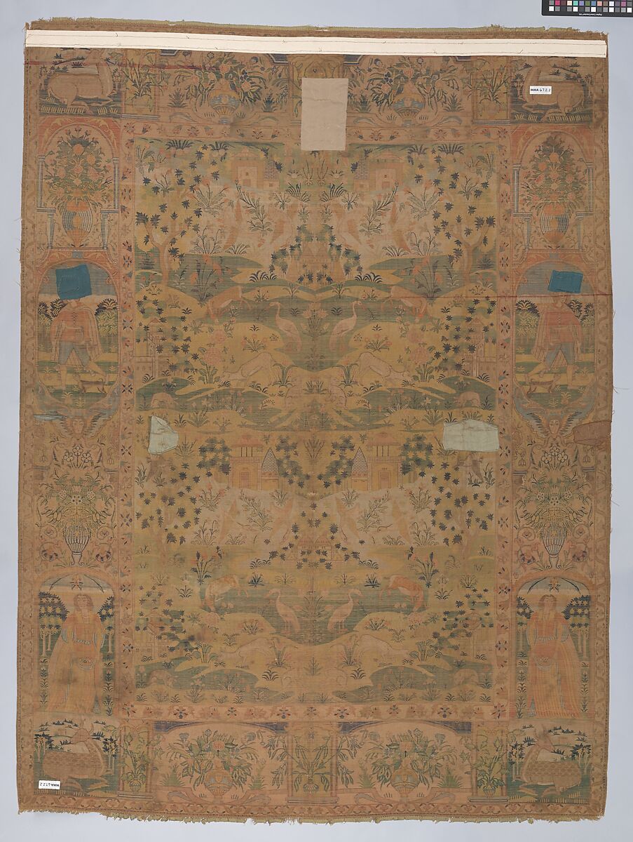 Pictorial Carpet, Silk (warp, weft, and pile), metal wrapped thread; asymmetrically knotted pile, brocaded