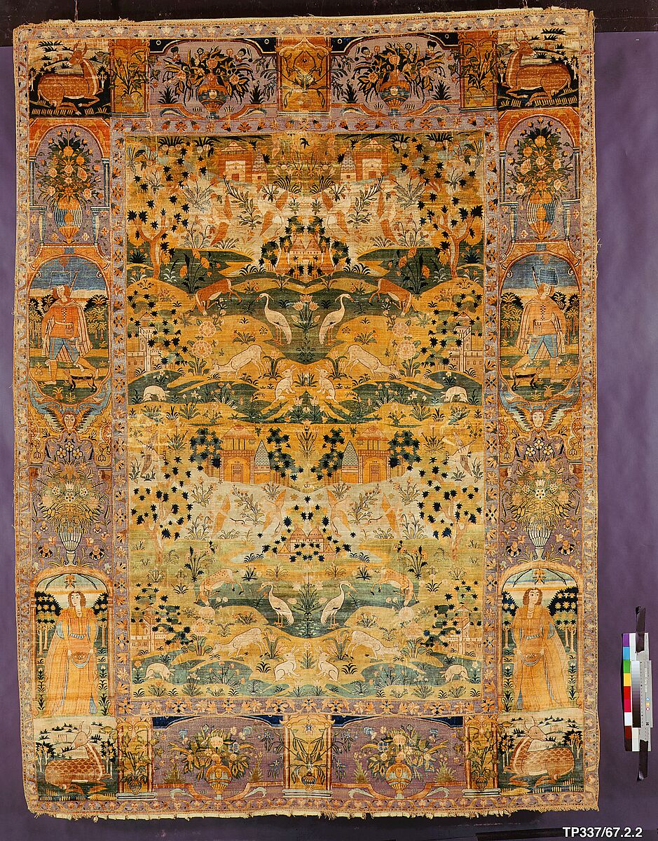 Pictorial Carpet, Silk (warp, weft, and pile), metal wrapped thread; asymmetrically knotted pile, brocaded