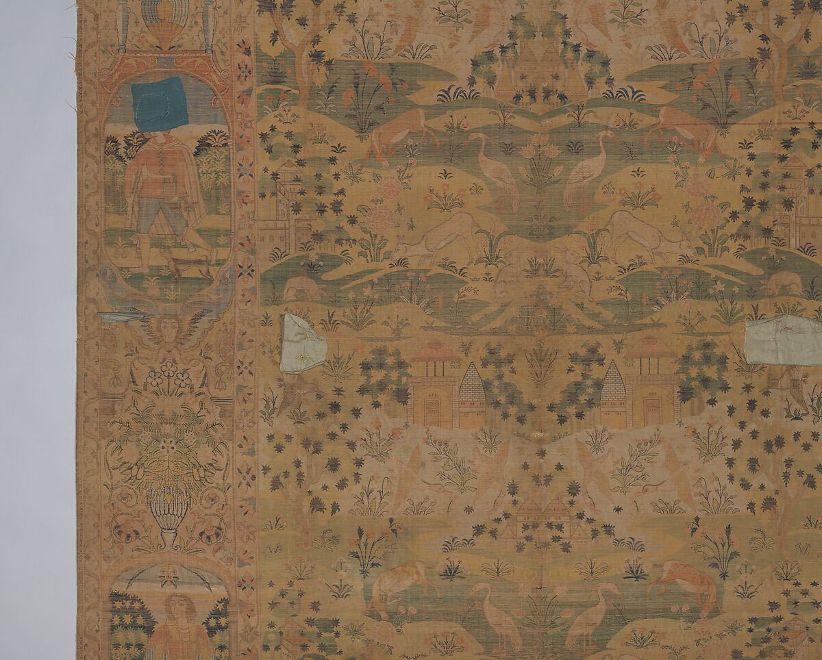 Pictorial Carpet, Silk (warp, weft, and pile), metal wrapped thread; asymmetrically knotted pile, brocaded