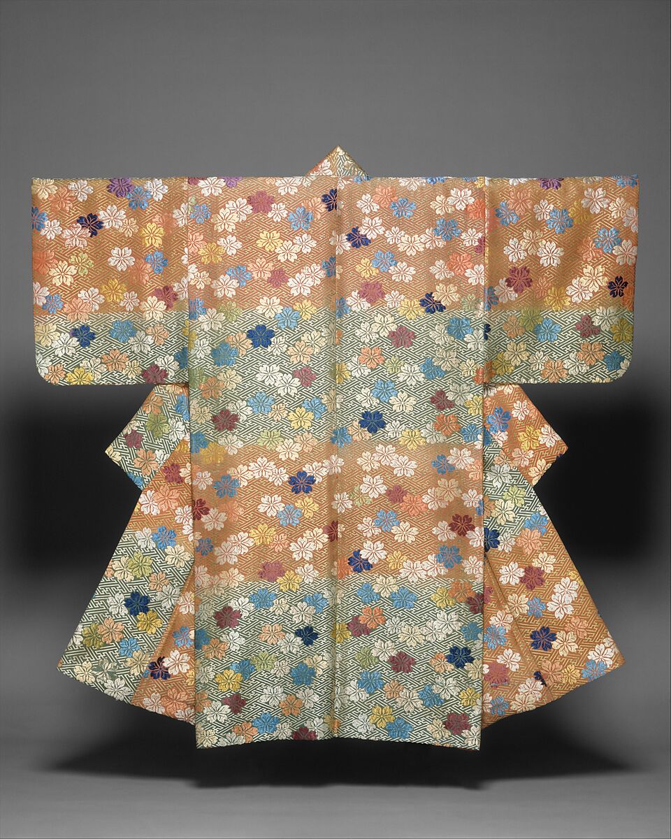 Noh Costume (Karaori) with Cherry Blossoms and Fretwork, Silk, brocaded twill, Japan 