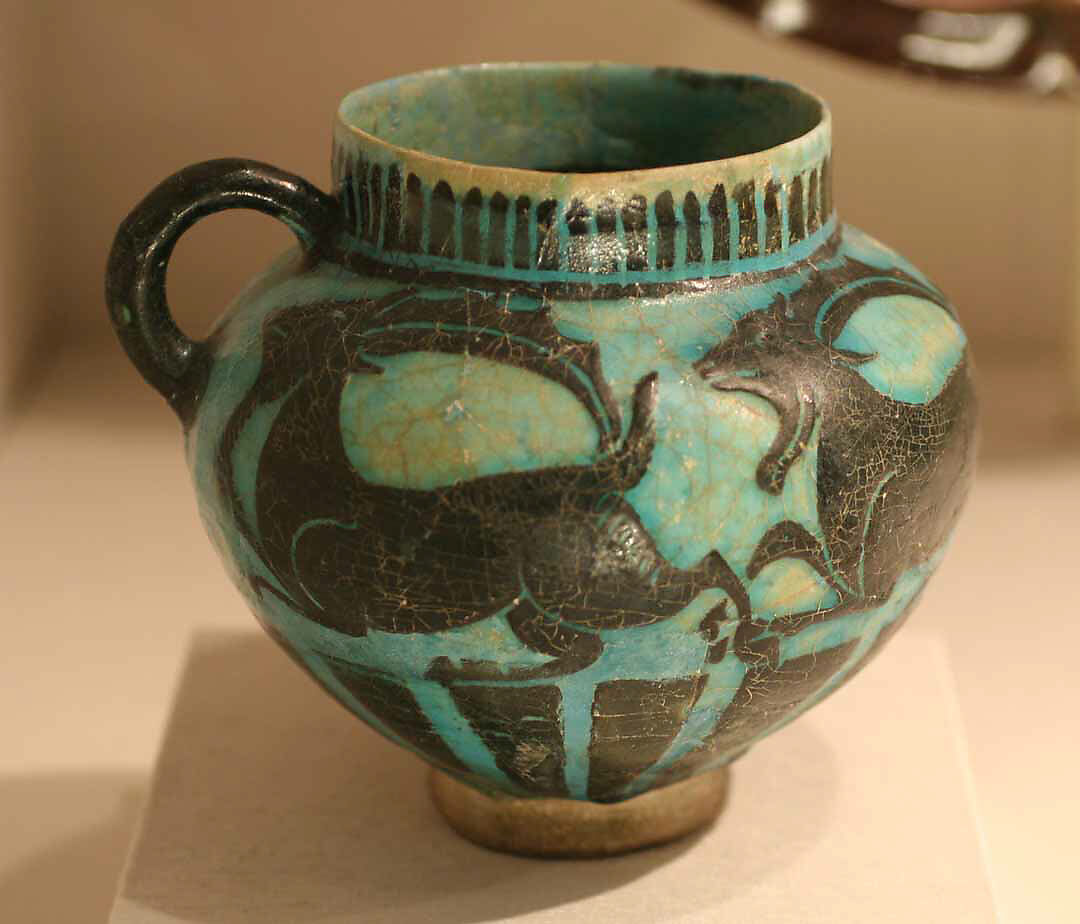 Cup with Running Ibexes, Stonepaste; incised decoration through black slip ground under turquoise glaze ("silhouette ware")