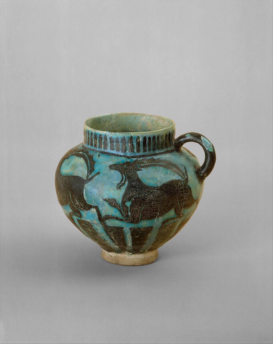 Cup with Running Ibexes, Stonepaste; incised decoration through black slip ground under turquoise glaze ("silhouette ware")