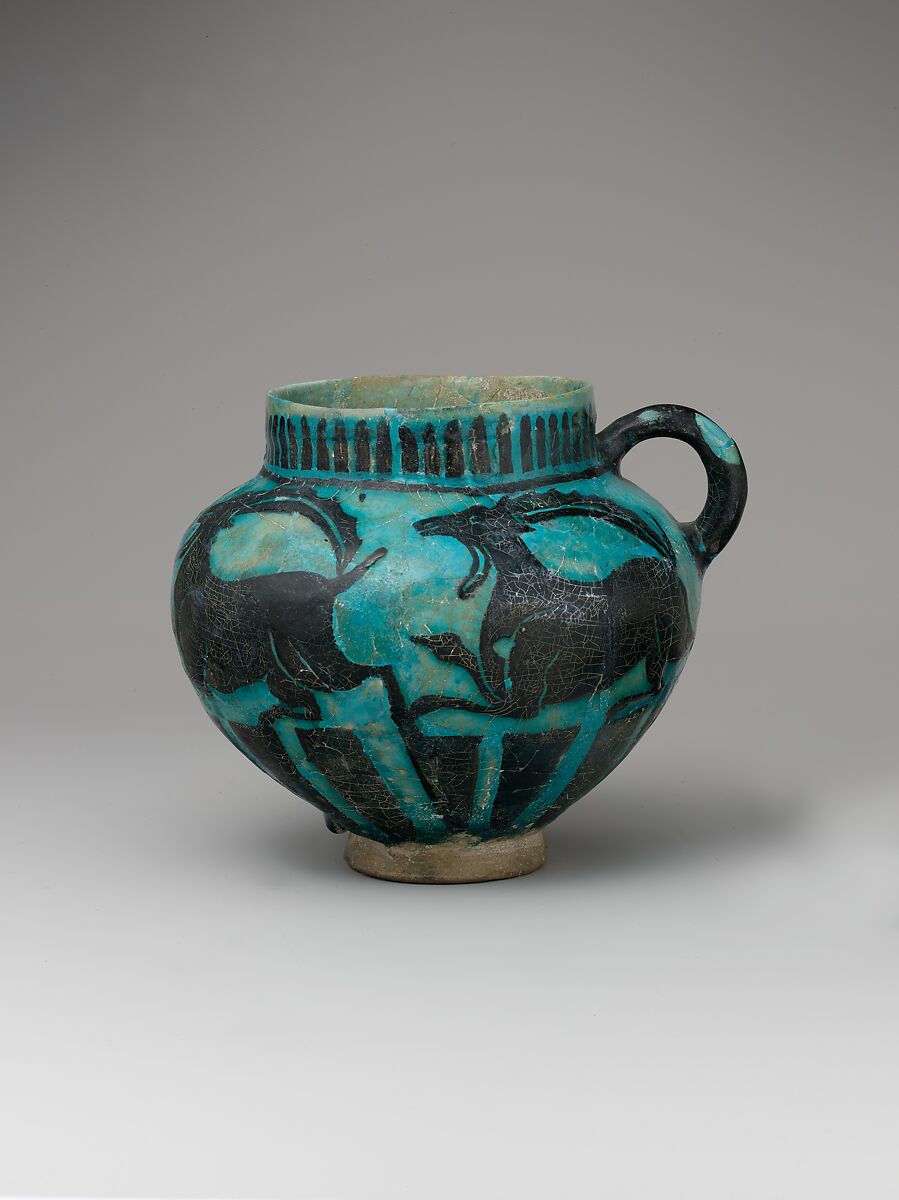 Cup with Running Ibexes, Stonepaste; incised decoration through black slip ground under turquoise glaze ("silhouette ware") 