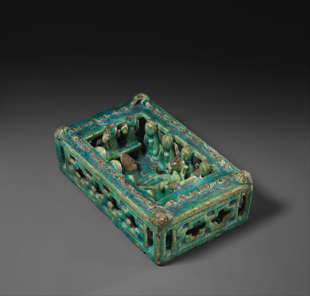 Model of a House with Festive Scene, Stonepaste; molded, modeled, glazed in transparent turquoise 