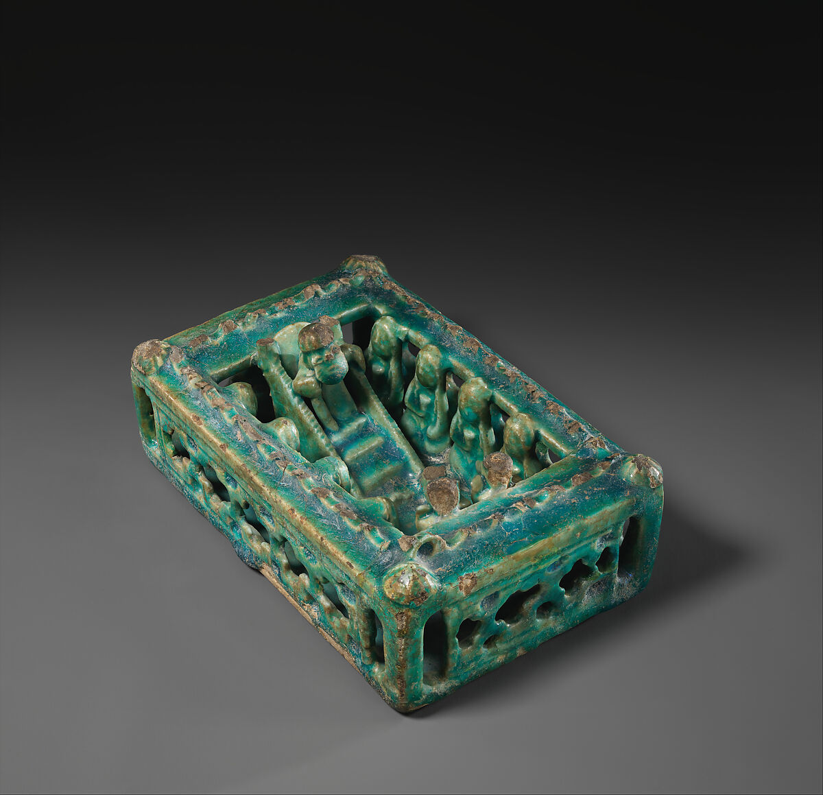 Model of a House with Festive Scene, Stonepaste; molded, modeled, glazed in transparent turquoise