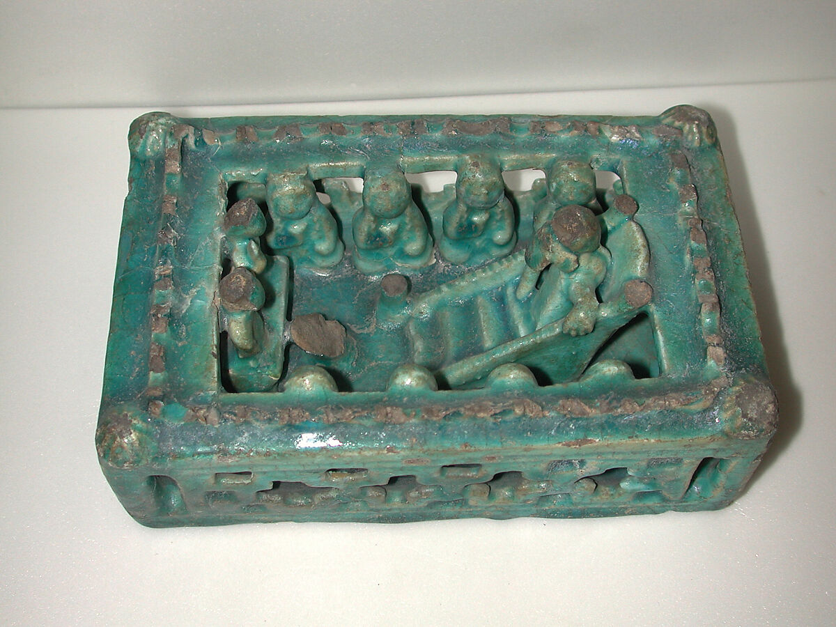 Model of a House with Festive Scene, Stonepaste; molded, modeled, glazed in transparent turquoise