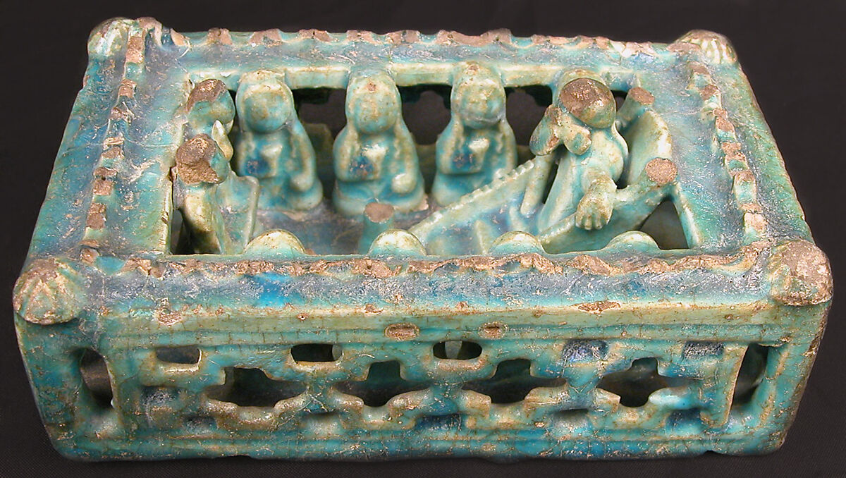 Model of a House with Festive Scene, Stonepaste; molded, modeled, glazed in transparent turquoise