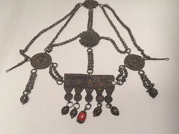 Head Ornament, Silver, with filigree and enamel, and coral